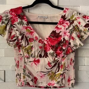 ABERCROMBIE & FITCH Linen Floral Flutter Sleeve Smocked Crop Top Cottagecore S